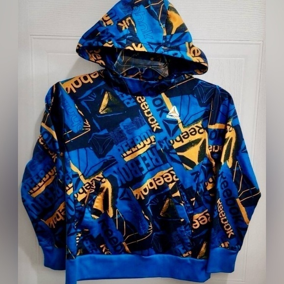 NWOT Reebok Blue Spell Out Logo AOP Hoodie Sweatshirt Youth Boy's Size 10/12 - Picture 3 of 6